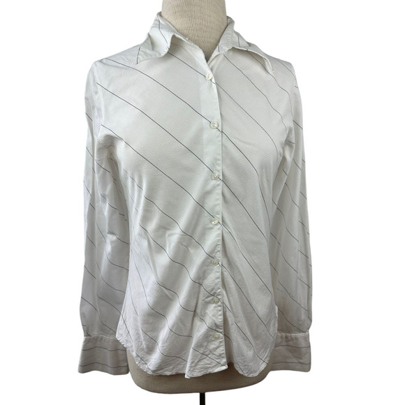 Anne Fontaine Paris Diagonal Pinstripe Button Blouse White Black Stripes Size 3 - Picture 2 of 11